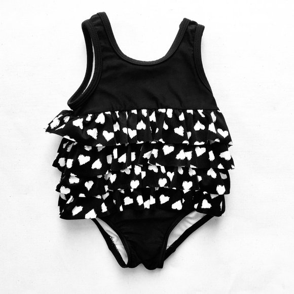 B&W Hearts Ruffle One Piece Swim Suit
